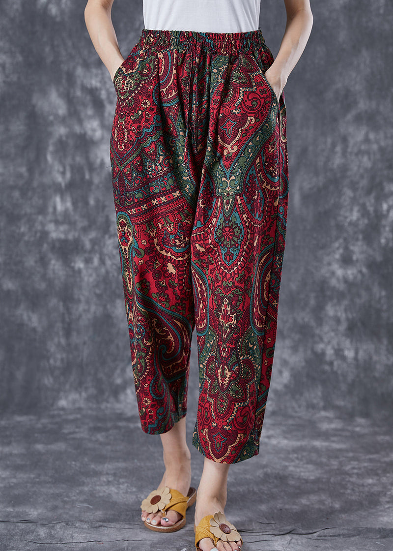 Red Oversized Pockets Print Linen Pants Trousers Summer