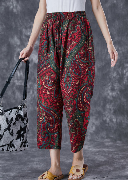 Red Oversized Pockets Print Linen Pants Trousers Summer