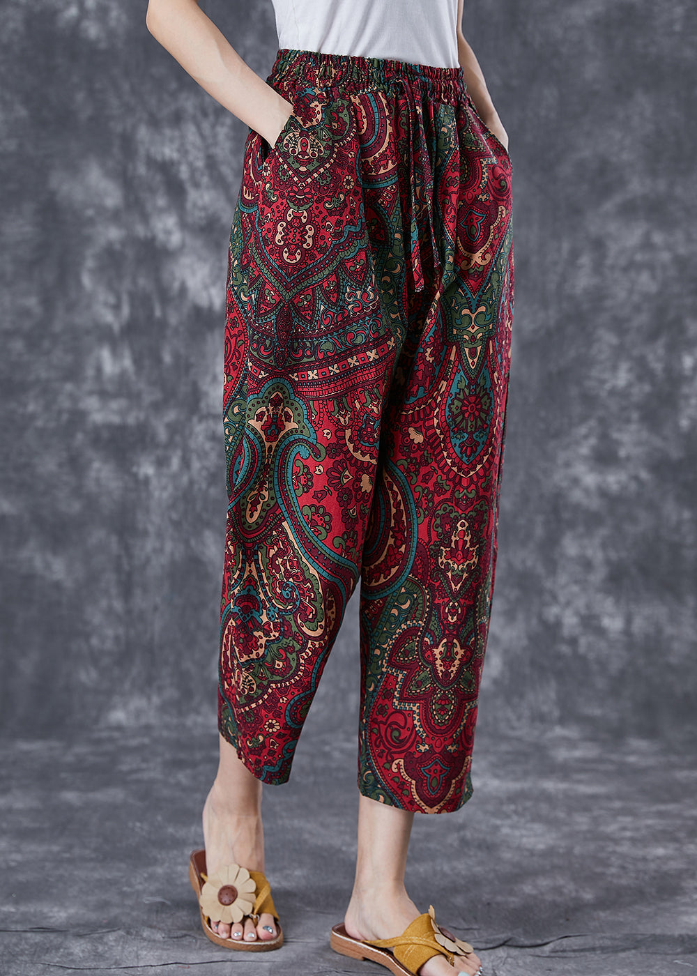 Red Oversized Pockets Print Linen Pants Trousers Summer