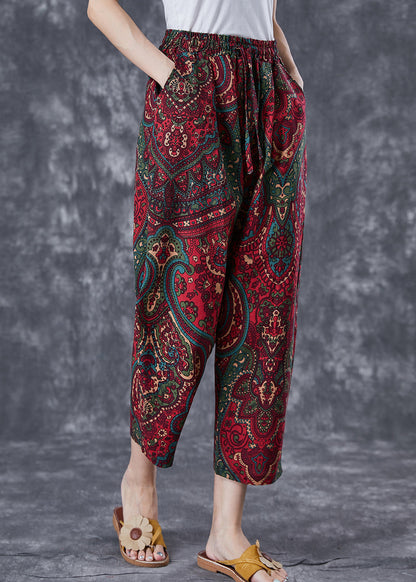 Red Oversized Pockets Print Linen Pants Trousers Summer