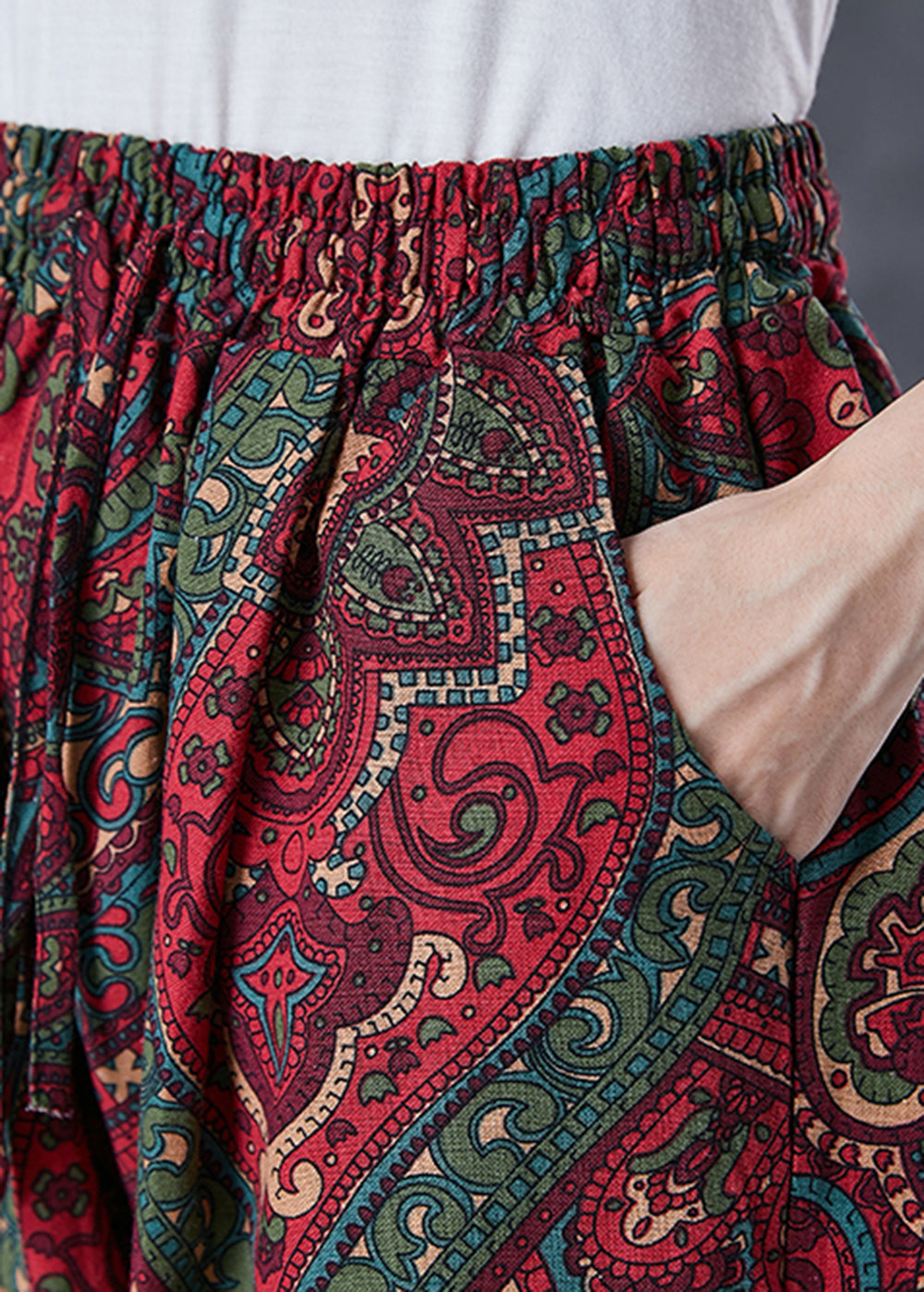 Red Oversized Pockets Print Linen Pants Trousers Summer
