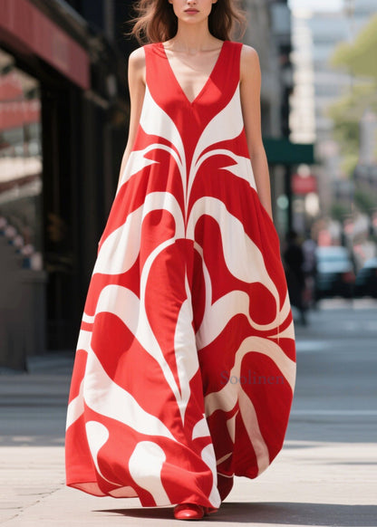 Red Oversized Print Chiffon Holiday Dresses Summer