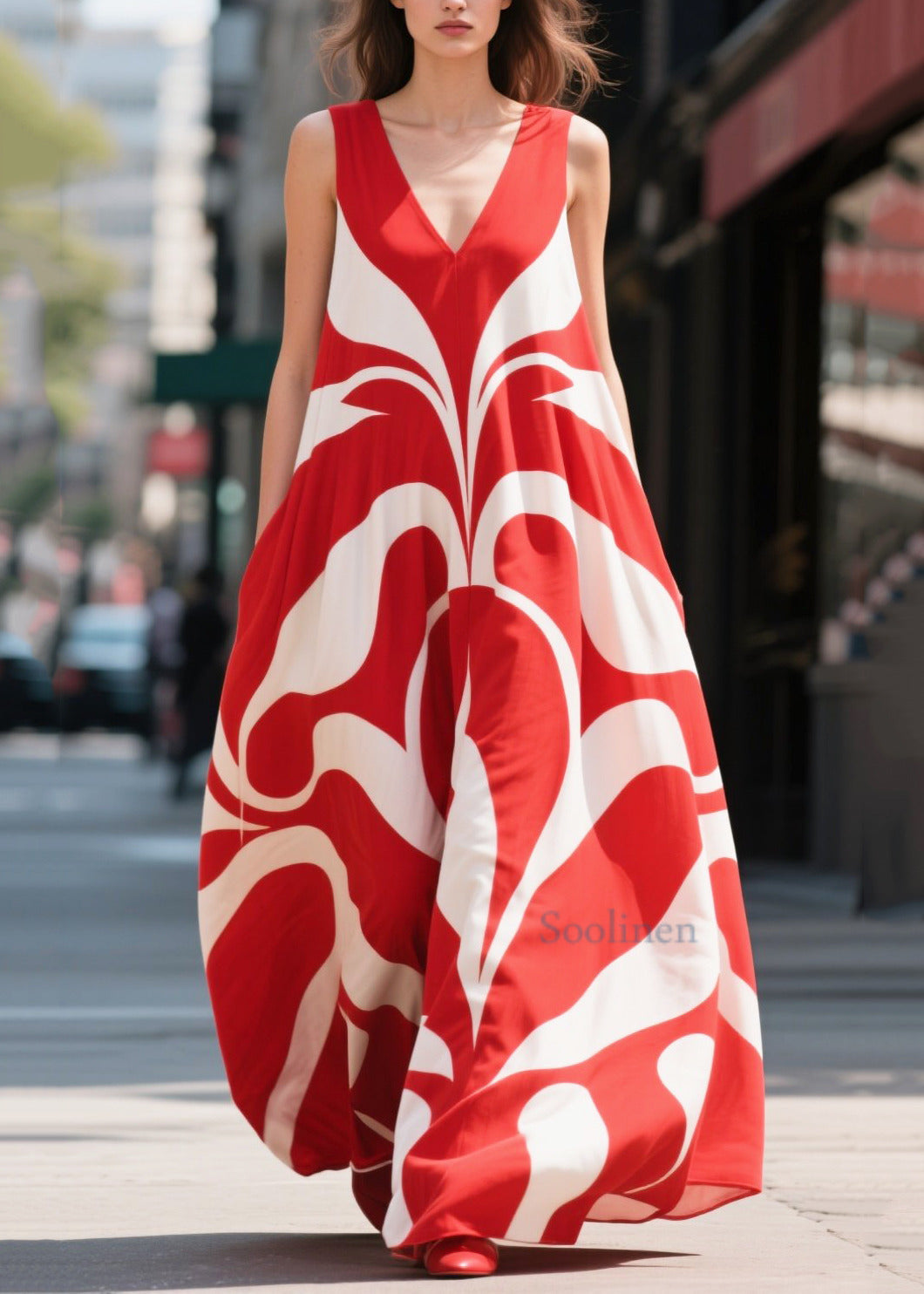 Red Oversized Print Chiffon Holiday Dresses Summer