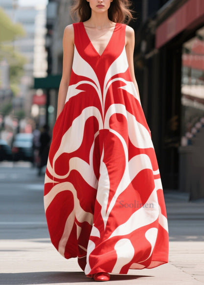 Red Oversized Print Chiffon Holiday Dresses Summer