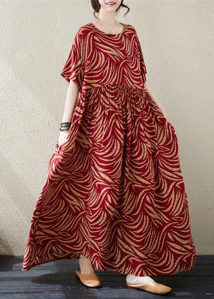 Red Oversized Print Cotton Long Dresses Summer