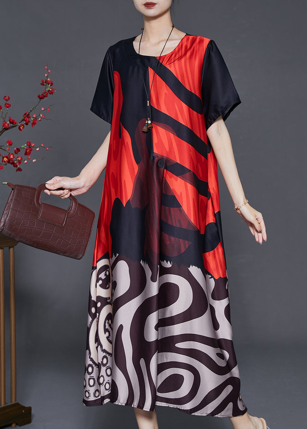Red Oversized Print Silk Holiday Dress Summer