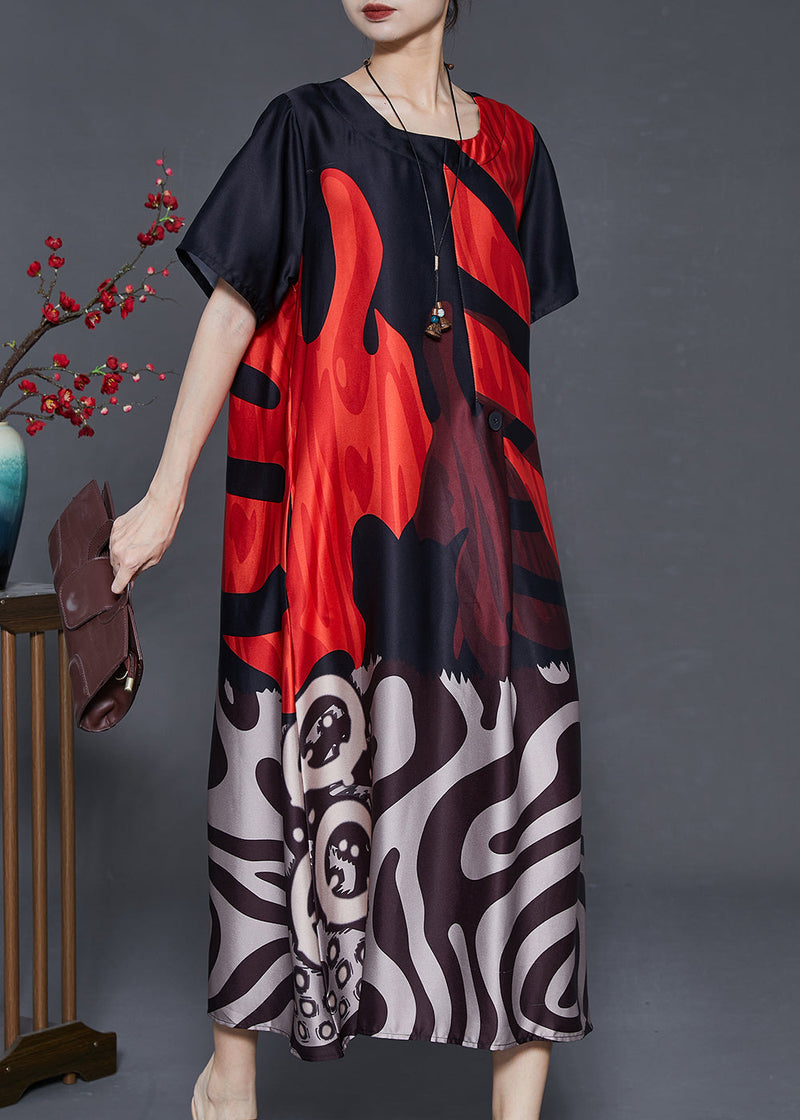 Red Oversized Print Silk Holiday Dress Summer