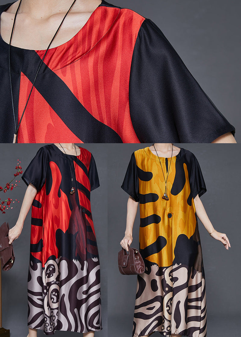 Red Oversized Print Silk Holiday Dress Summer