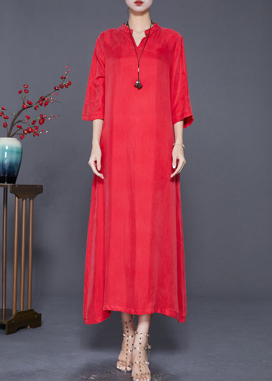 Red Oversized Side Open Silk Dresses Bracelet Sleeve