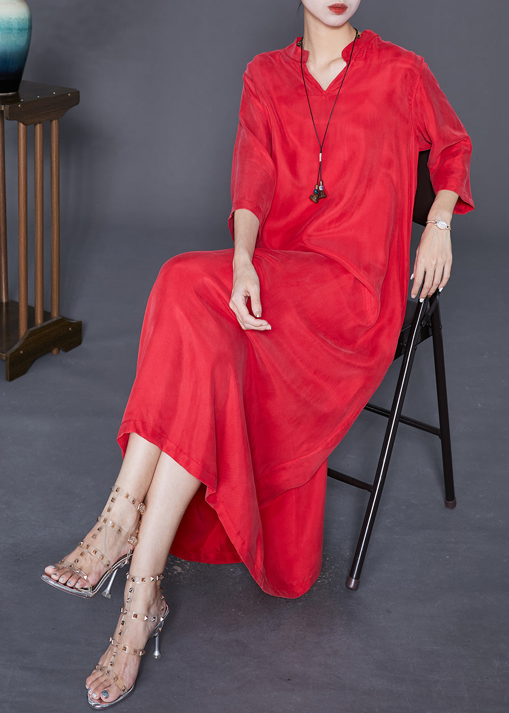 Red Oversized Side Open Silk Dresses Bracelet Sleeve