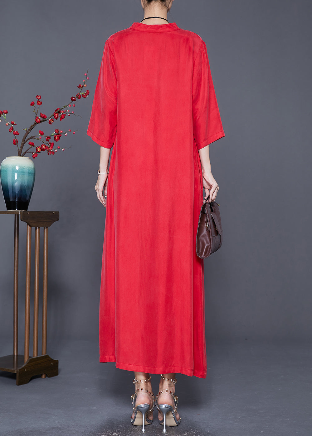 Red Oversized Side Open Silk Dresses Bracelet Sleeve