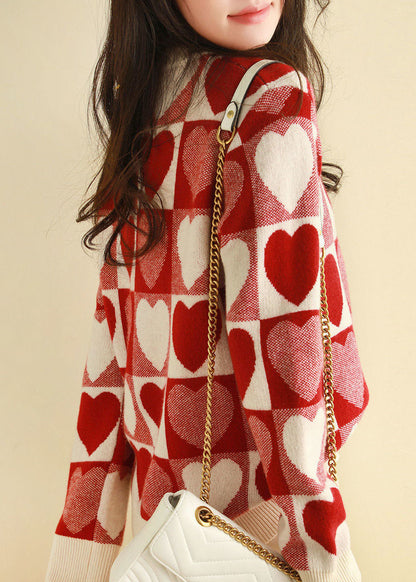 Red Oversized Thick Loving Heart Print Knit Pullover Spring