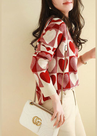 Red Oversized Thick Loving Heart Print Knit Pullover Spring