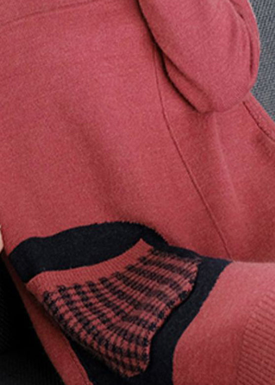 Red Patchwork Knitted Cotton Thread Hooded Sweater Dress Fall