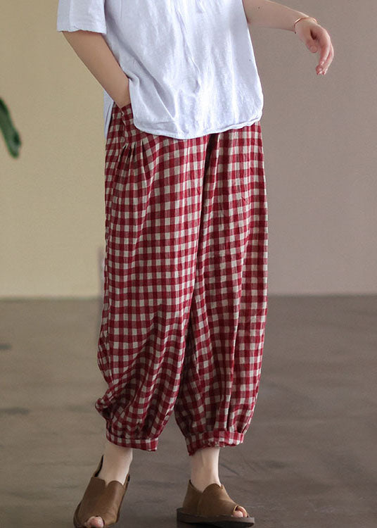 Red Plaid Pockets Elastic Waist Linen Crop Pants Summer