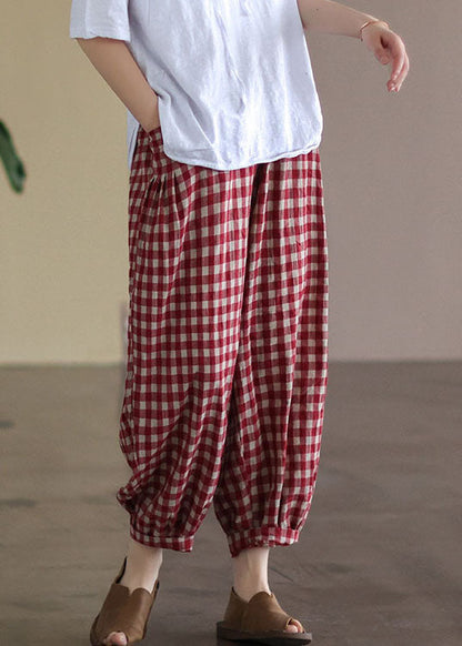 Red Plaid Pockets Elastic Waist Linen Crop Pants Summer