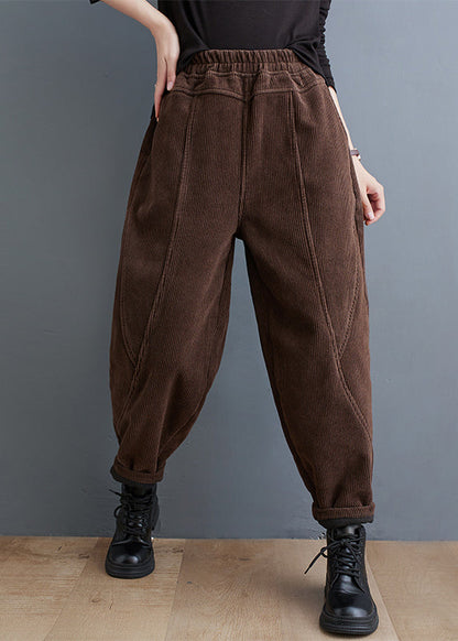 Red Pockets Elastic Waist Corduroy Warm Fleece Pants Winter