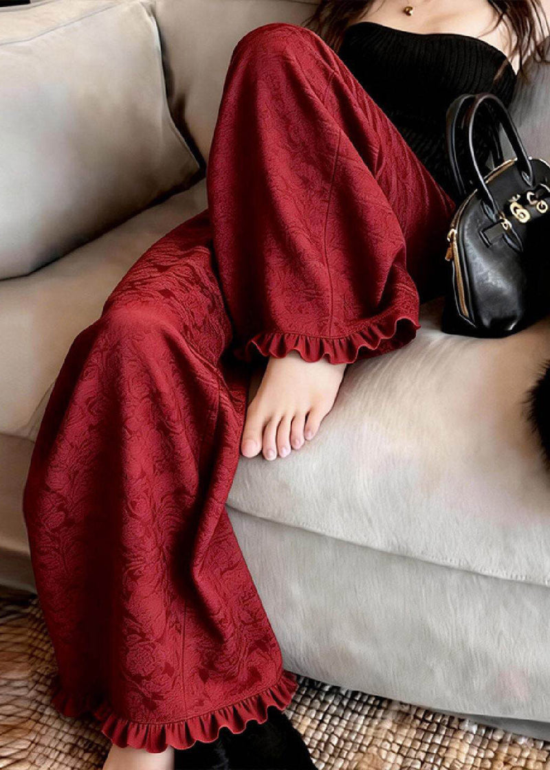 Red Ruffled Patchwork Wide Leg Pants