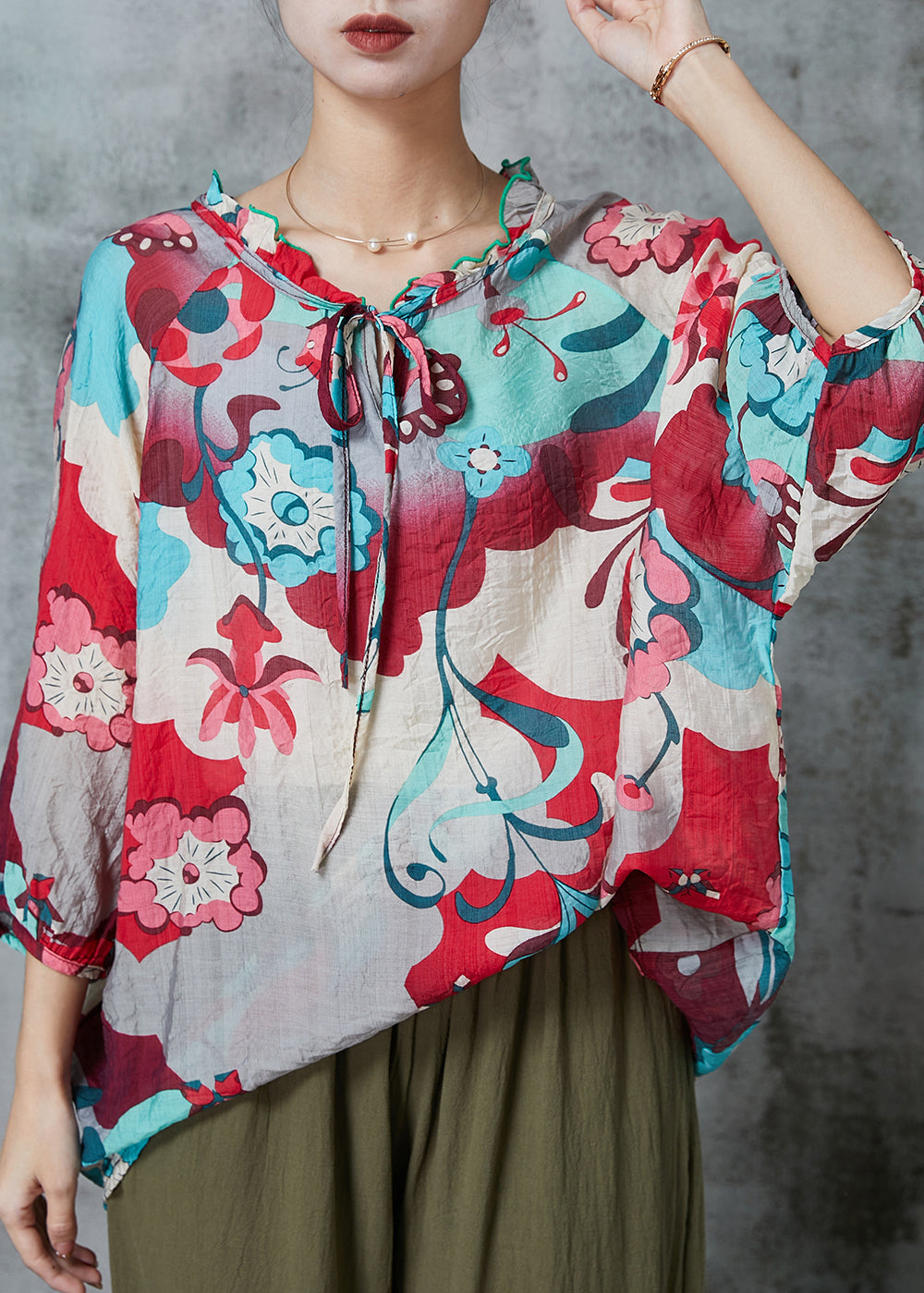 Red Ruffled Print Linen Shirts Bracelet Sleeve