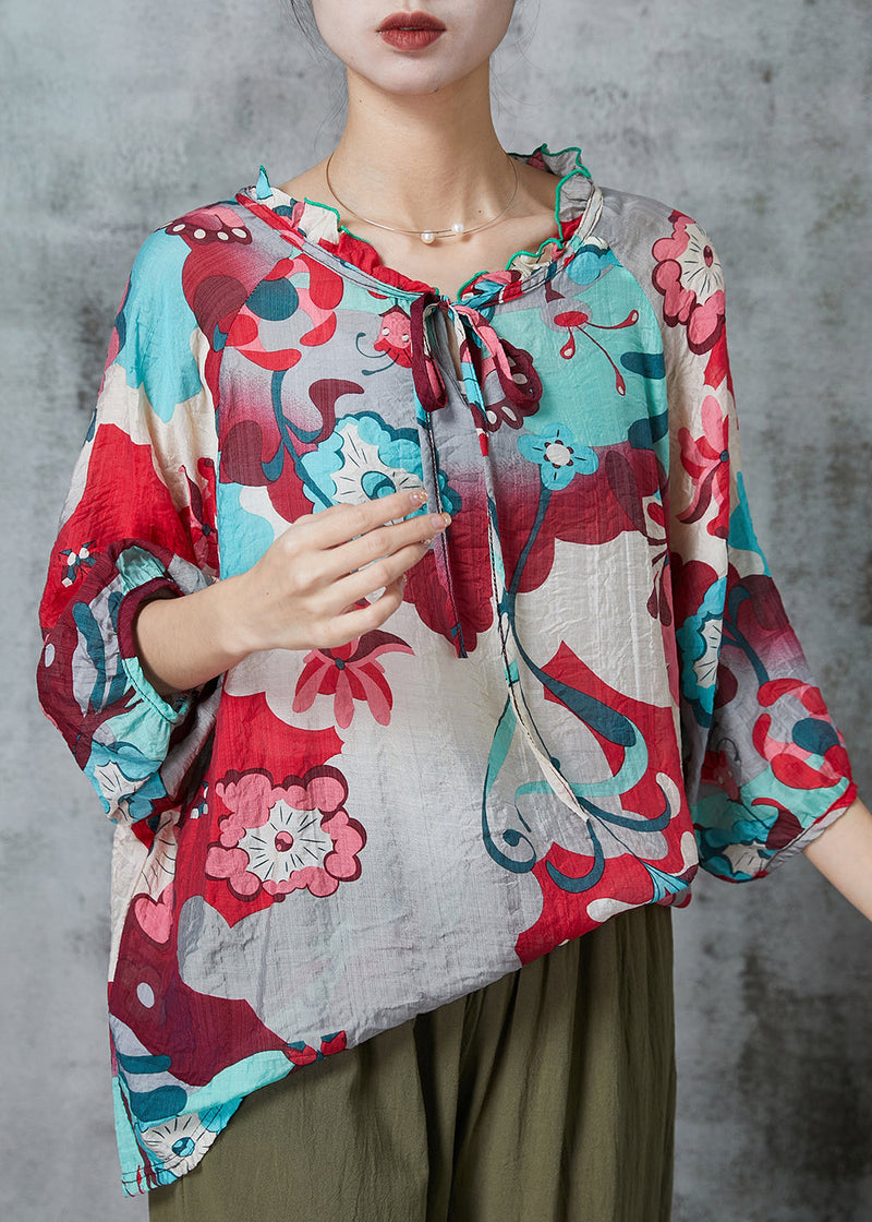Red Ruffled Print Linen Shirts Bracelet Sleeve