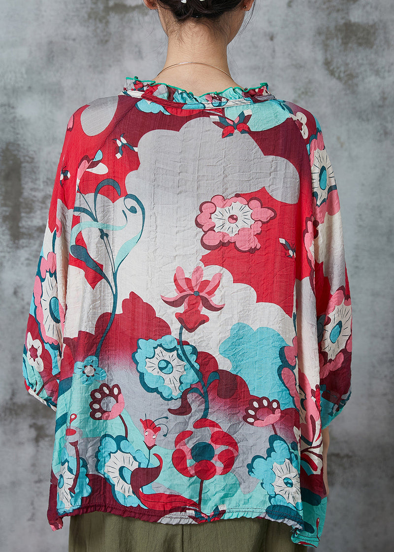 Red Ruffled Print Linen Shirts Bracelet Sleeve