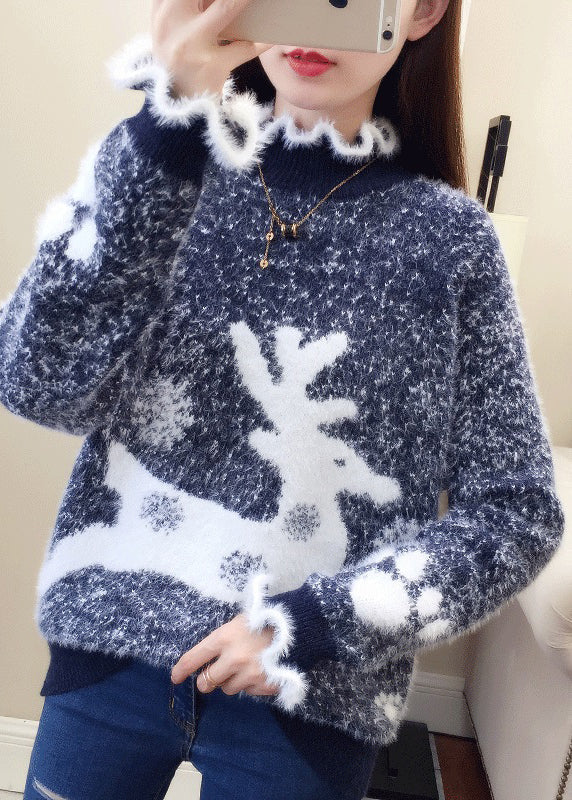 Red Ruffled Print Thick Mink Hair Knitted Sweaters Fall