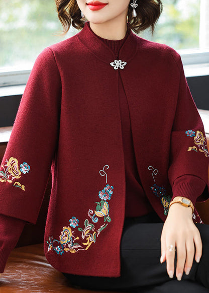 Red Stand Collar Cotton Knit Cardigans and Sweater Two Piece Set Spring