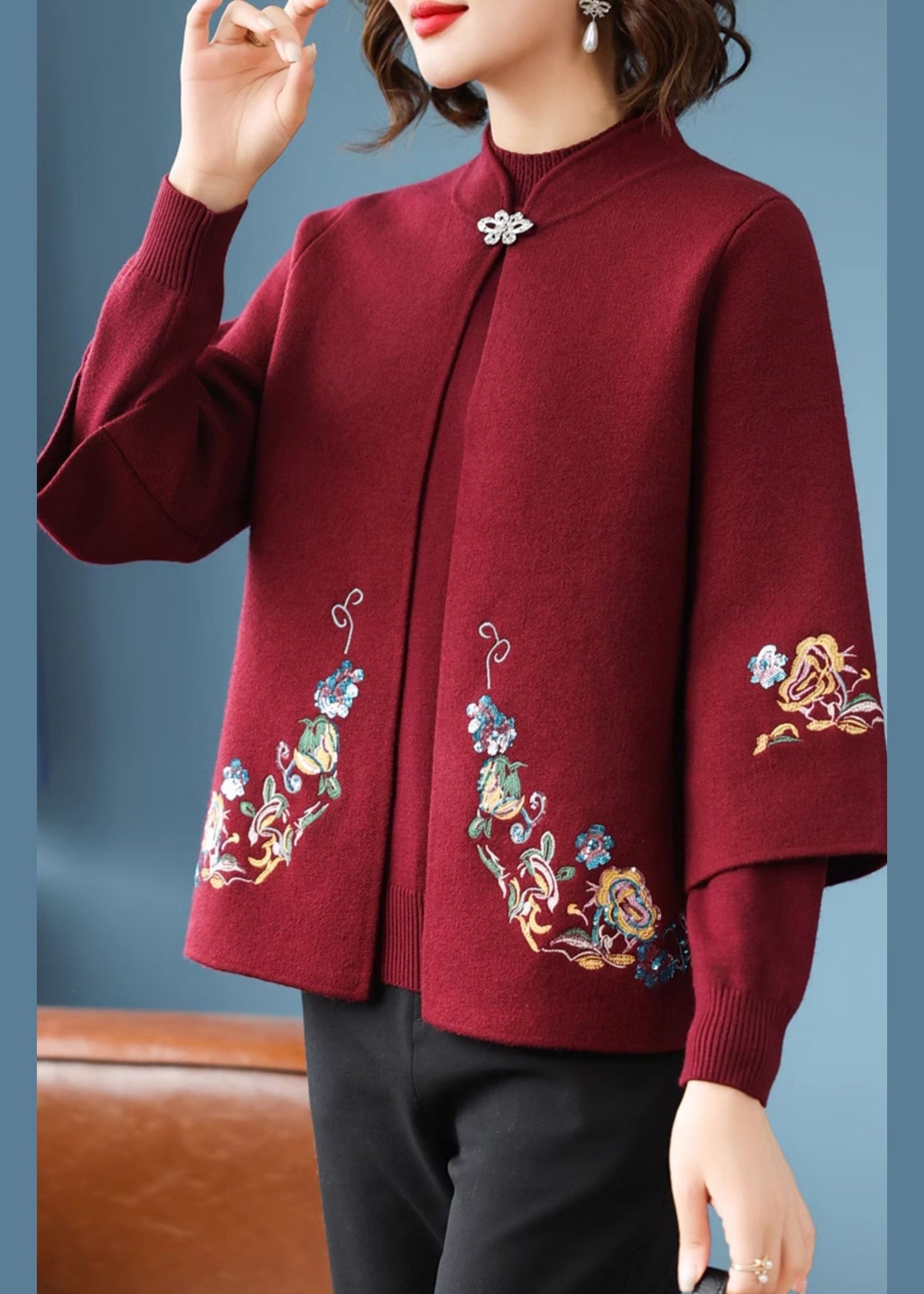 Red Stand Collar Cotton Knit Cardigans and Sweater Two Piece Set Spring