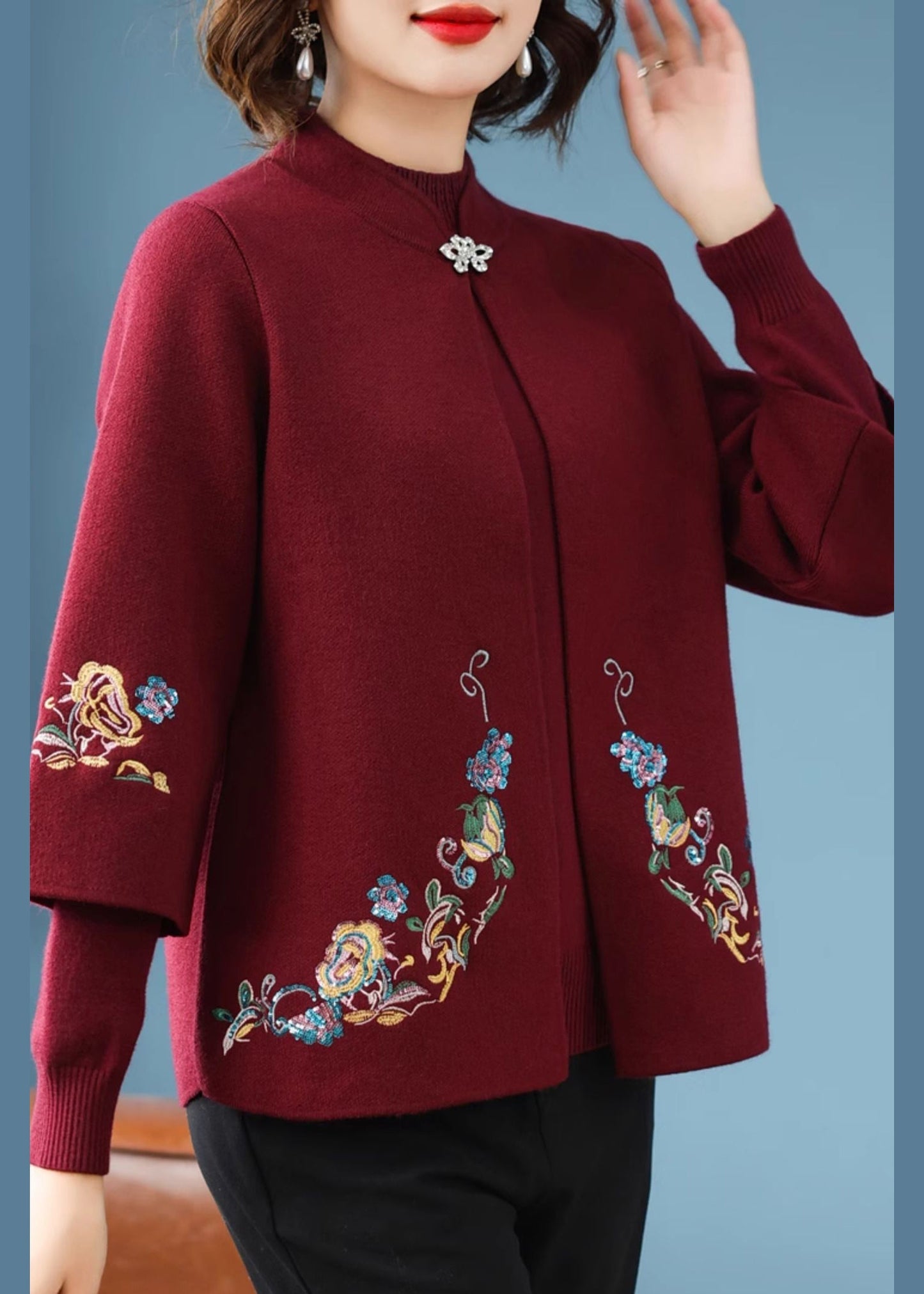 Red Stand Collar Cotton Knit Cardigans and Sweater Two Piece Set Spring
