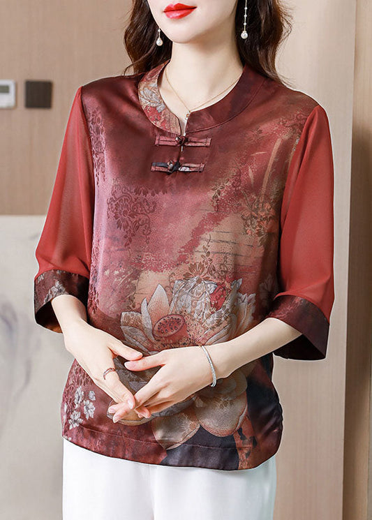 Red Stand Collar Print Patchwork Silk Blouses Summer
