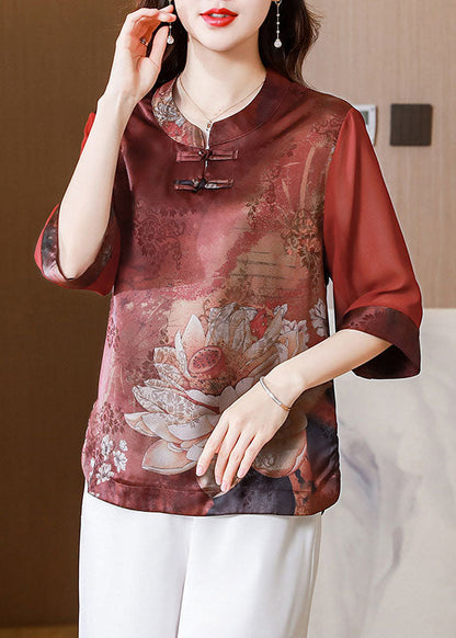 Red Stand Collar Print Patchwork Silk Blouses Summer