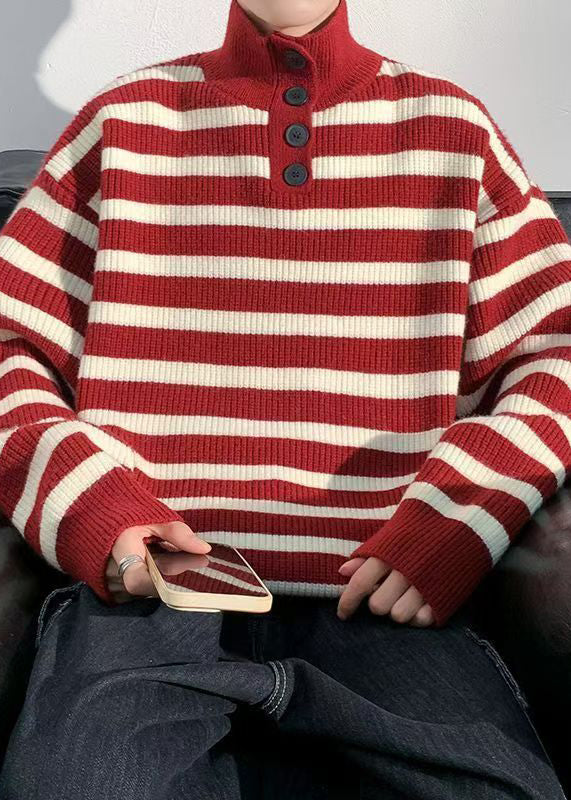 Red Striped Button Knit Sweaters Winter
