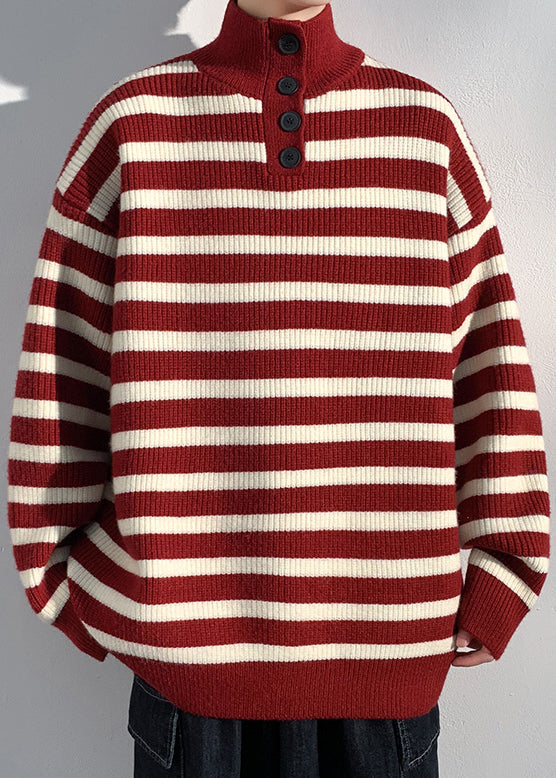 Red Striped Button Knit Sweaters Winter