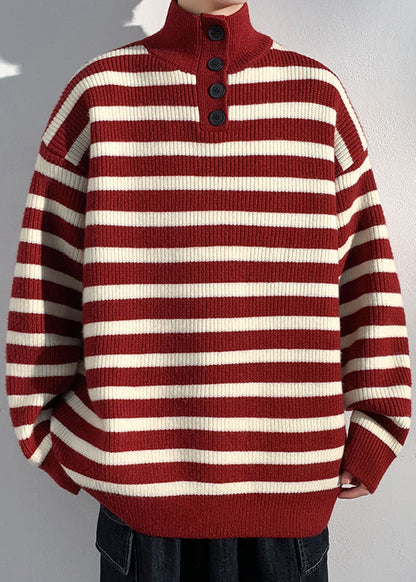Red Striped Button Knit Sweaters Winter