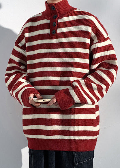 Red Striped Button Knit Sweaters Winter