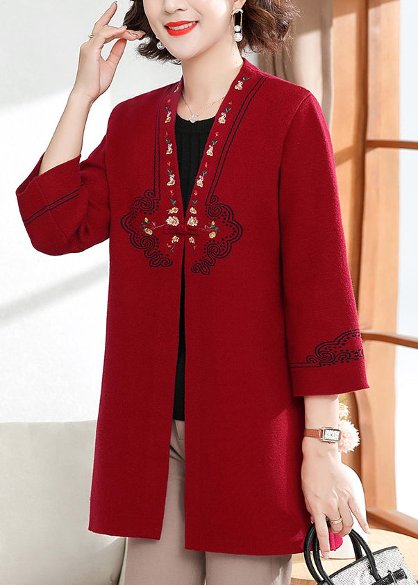 Red V Neck Print Cotton Knit Cardigan Spring
