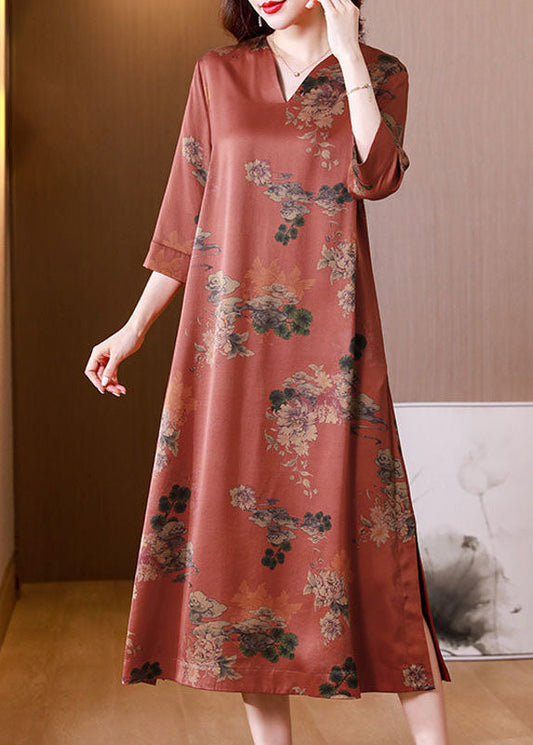 Red V Neck Print Side Open Silk Long Dress Half Sleeve