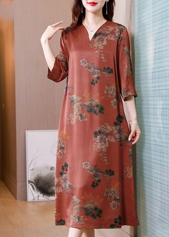 Red V Neck Print Side Open Silk Long Dress Half Sleeve