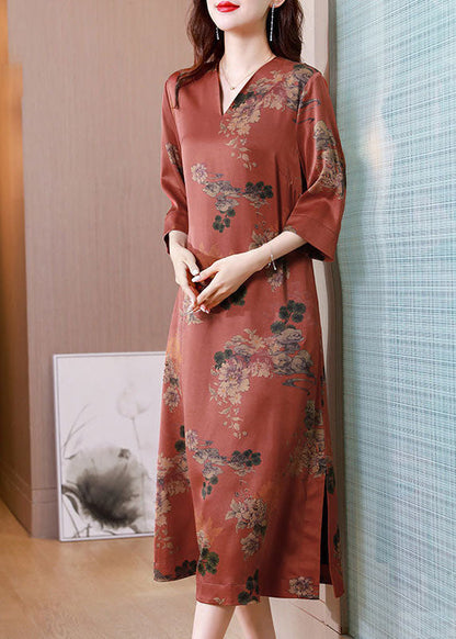 Red V Neck Print Side Open Silk Long Dress Half Sleeve