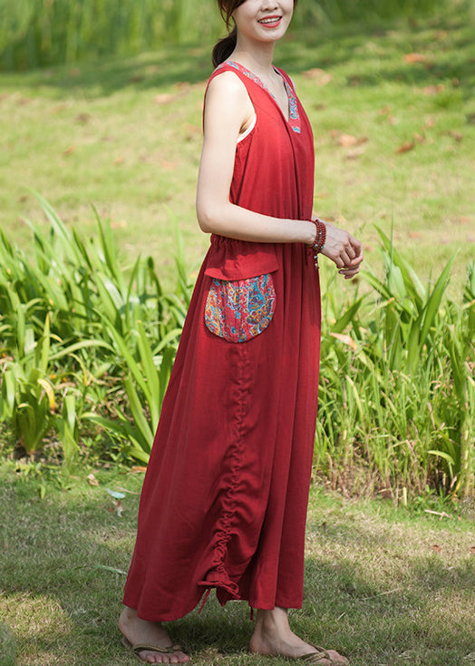 Red V Neck Drawstring Pocket Patchwork Vacation Dresses Sleeveless