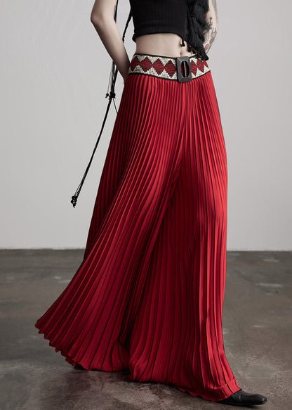 Red Waist Flower Splicing Pleated Wide Leg Pants Spring