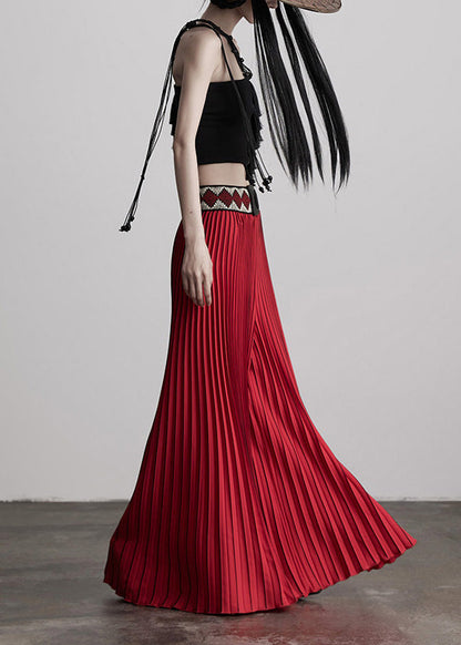 Red Waist Flower Splicing Pleated Wide Leg Pants Spring