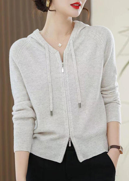 Red Zip Up Wool Knit Hooded Cardigans Spring