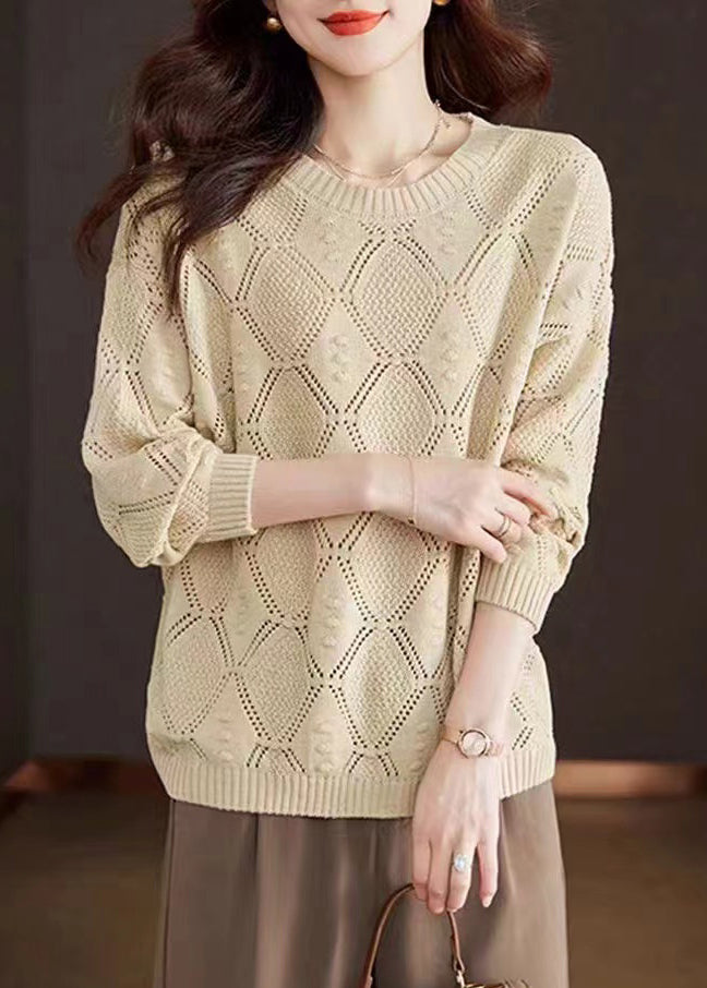 Rose O-neck Hollow Out Cotton Knitted Sweaters Spring