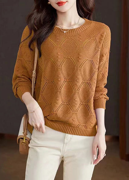 Rose O-neck Hollow Out Cotton Knitted Sweaters Spring