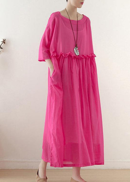 Rose O-neck Ruffled Long Dress Summer Chiffon Dress