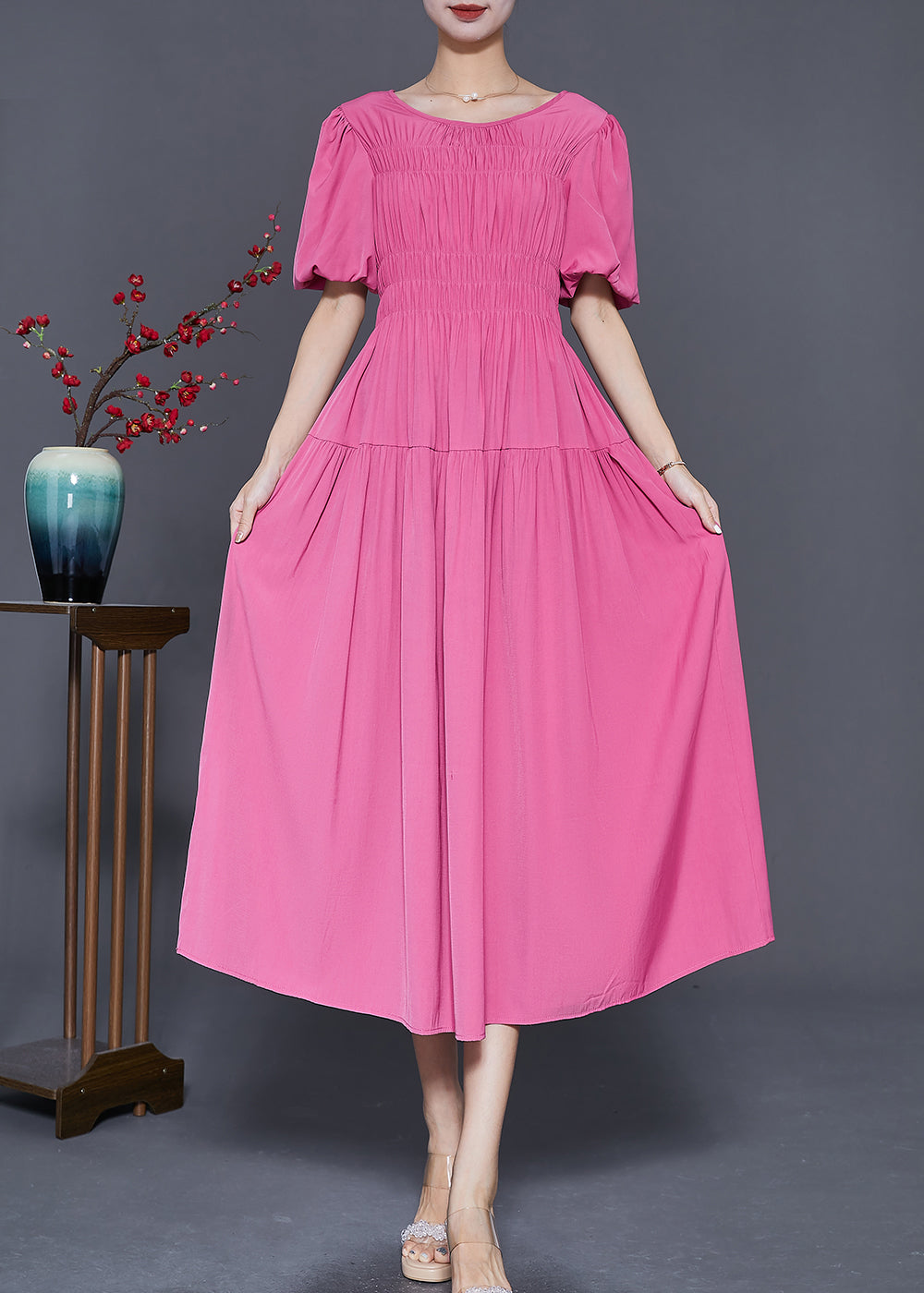 Rose Slim Fit Wrinkled Cotton Holiday Dress Summer