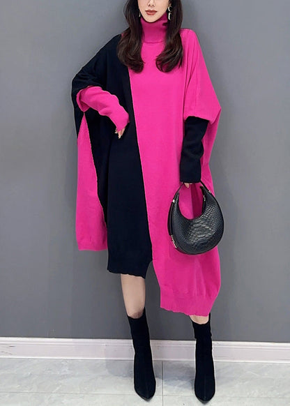 Rose Turtleneck Asymmetrical Patchwork Cotton Knit Long Dress Fall