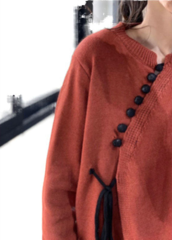 Chocolate O-neck Button Asymmetrical Design Fall Sweater