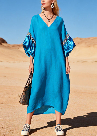Sea Blue V Neck Patchwork Cotton Maxi Dress Lantern Sleeve